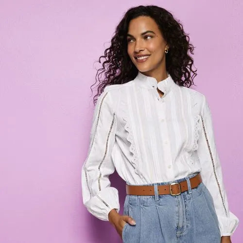 Women's Ruffle Neck Button Front Shirt