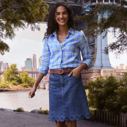 Women's Soft Denim 5 Pocket Above the Knee Skirt with Embroidered Hem