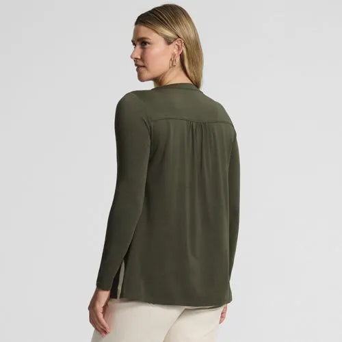 Womens Long Sleeve Lightweight Jersey Pintuck Button Tunic Blouse