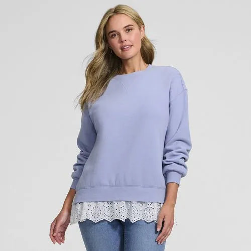 Women's Long Sleeve Serious Sweats Lace Hem Crew Neck Tunic Sweatshirt