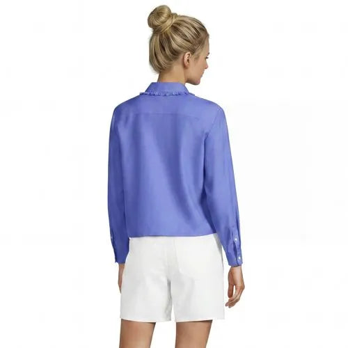 Women's Boxy Cropped No Iron Pintuck Ruffle Collar Shirt