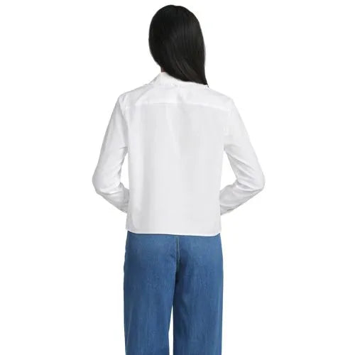 Women's Boxy Cropped No Iron Pintuck Ruffle Collar Shirt