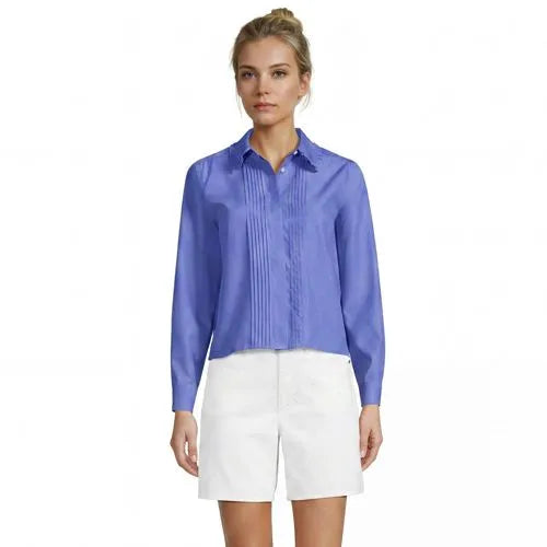 Women's Boxy Cropped No Iron Pintuck Ruffle Collar Shirt