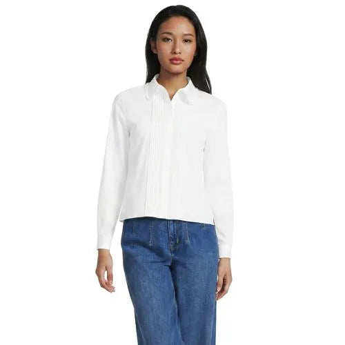 Women's Boxy Cropped No Iron Pintuck Ruffle Collar Shirt
