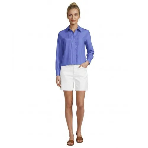 Women's Boxy Cropped No Iron Pintuck Ruffle Collar Shirt