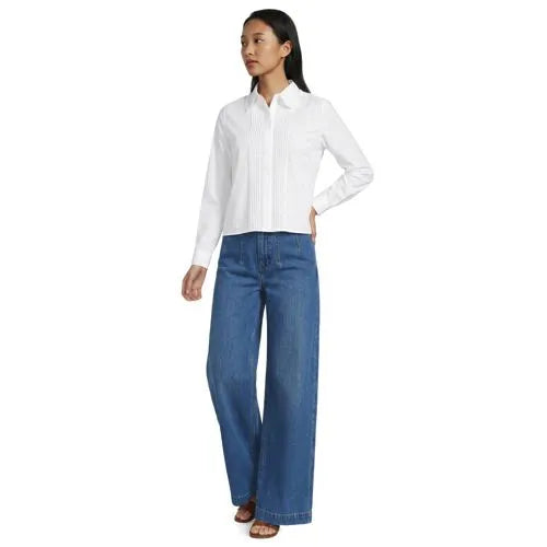 Women's Boxy Cropped No Iron Pintuck Ruffle Collar Shirt