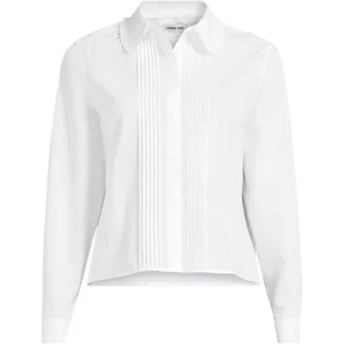 Women's Boxy Cropped No Iron Pintuck Ruffle Collar Shirt