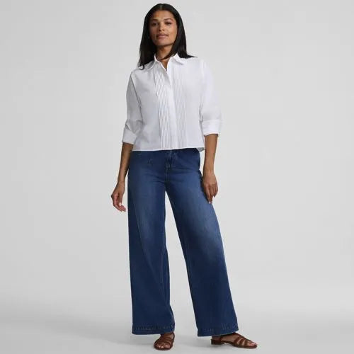 Women's Boxy Cropped No Iron Pintuck Ruffle Collar Shirt
