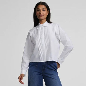 Women's Boxy Cropped No Iron Pintuck Ruffle Collar Shirt