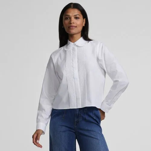 Women's Boxy Cropped No Iron Pintuck Ruffle Collar Shirt