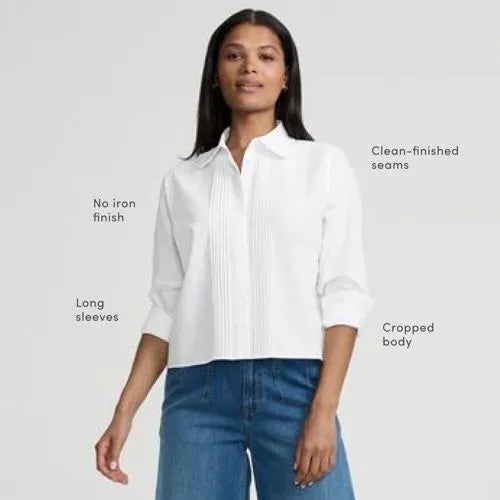 Women's Boxy Cropped No Iron Pintuck Ruffle Collar Shirt