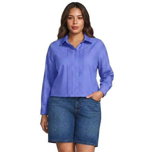 Women's Boxy Cropped No Iron Pintuck Ruffle Collar Shirt