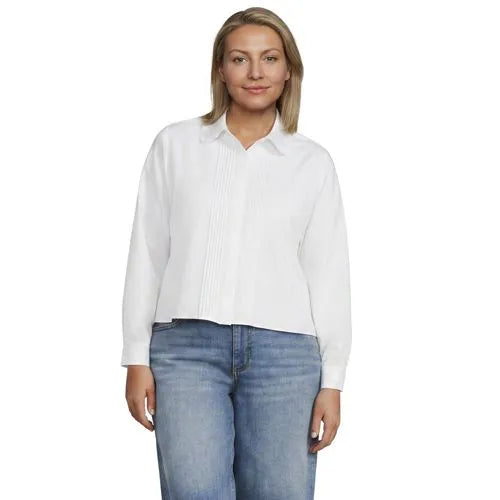 Women's Boxy Cropped No Iron Pintuck Ruffle Collar Shirt