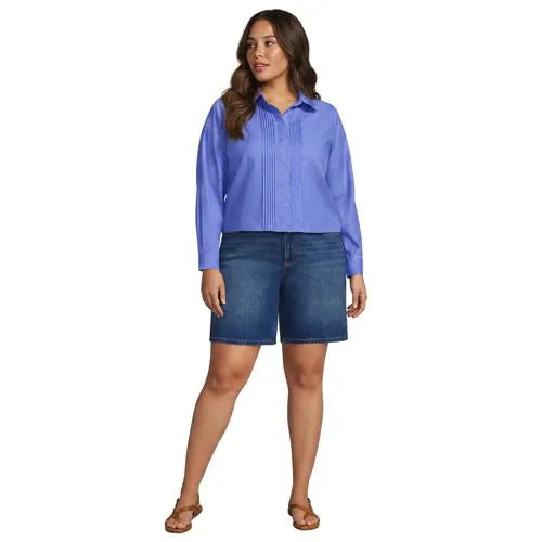 Women's Boxy Cropped No Iron Pintuck Ruffle Collar Shirt