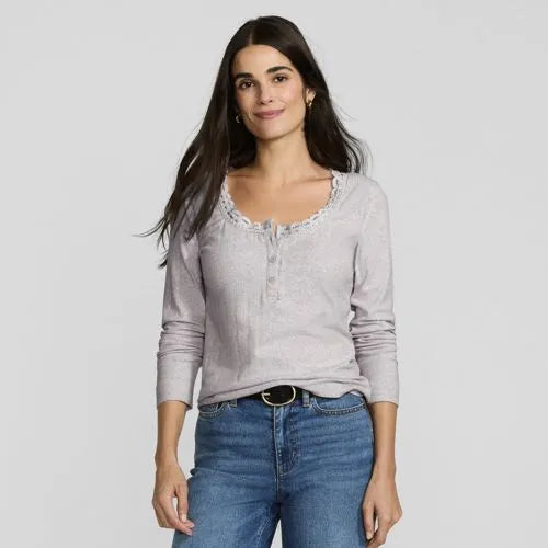 Women's Long Sleeve Variegated Micro Rib Lace Trim Scoop Neck Top