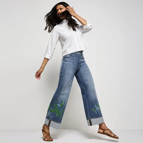 Women's Soft Denim High Rise Wide Leg Embroidery Jeans