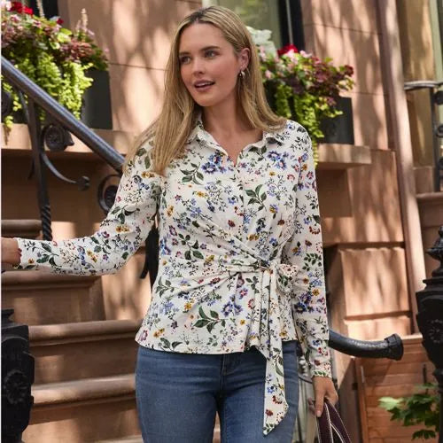 Women's Long Sleeve Lightweight Jersey Adjustable Tie Collar Top