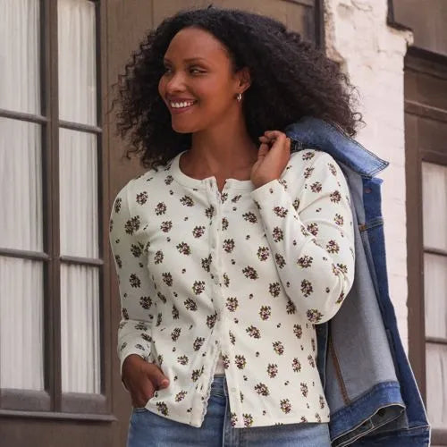 Women's Long Sleeve Micro Rib Lace Trim Button Through Cardigan