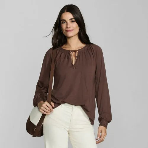 Women's Long Sleeve Slub Jersey Embroidered Sleeve Blouse