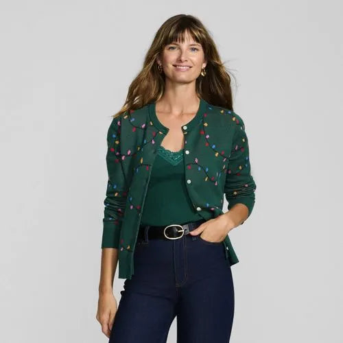 Women's Modern Length Fine Gauge Crew Neck Jacquard Cardigan Sweater
