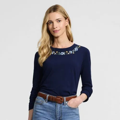Women's Supima Cotton Long Sleeve Embroidered Crew Neck T-Shirt