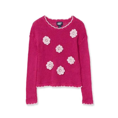 Girls Long Sleeve Crochet Rosette Sweater